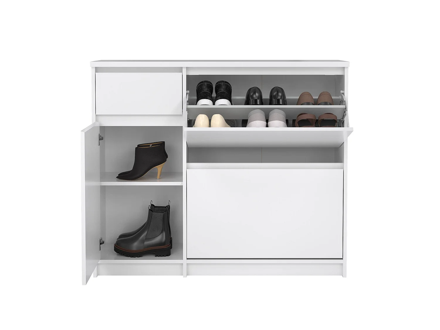 Schoenenkast Todd, 1 legplank, 109x32x93h cm, hoogglans wit, schoenenkast, 1 lade, 12 paar