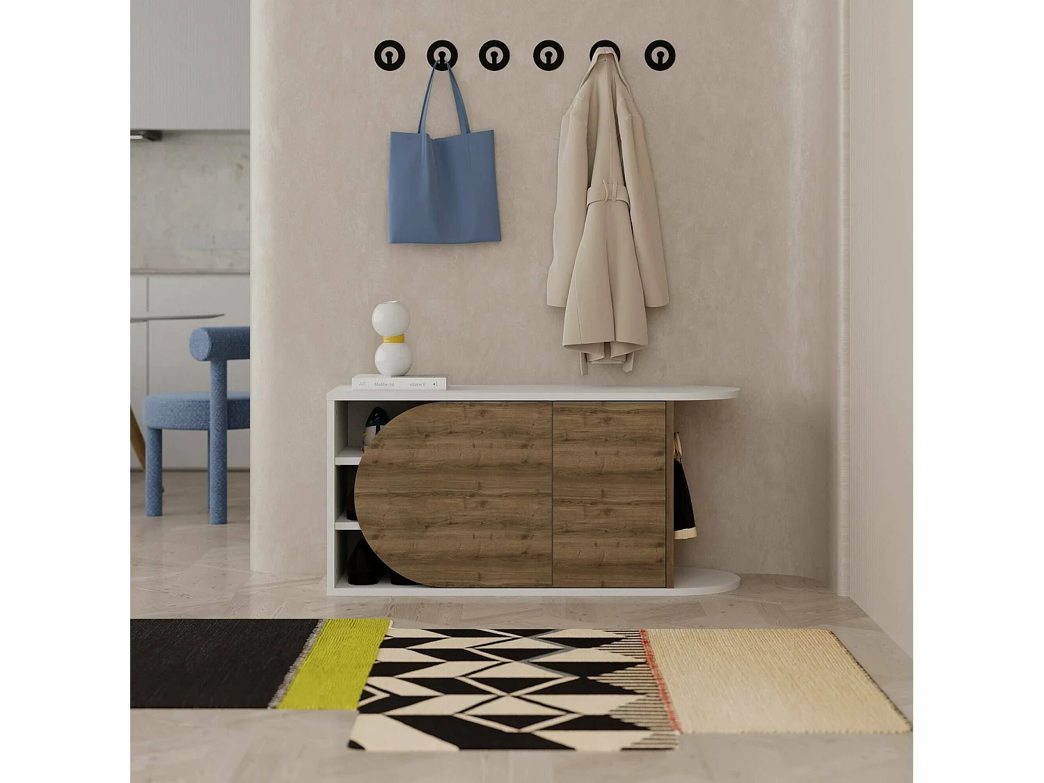 Meuble à chaussures Kyle, 2 étagères, 37x104x50h cm Blanc Noyer, Rangement chaussures