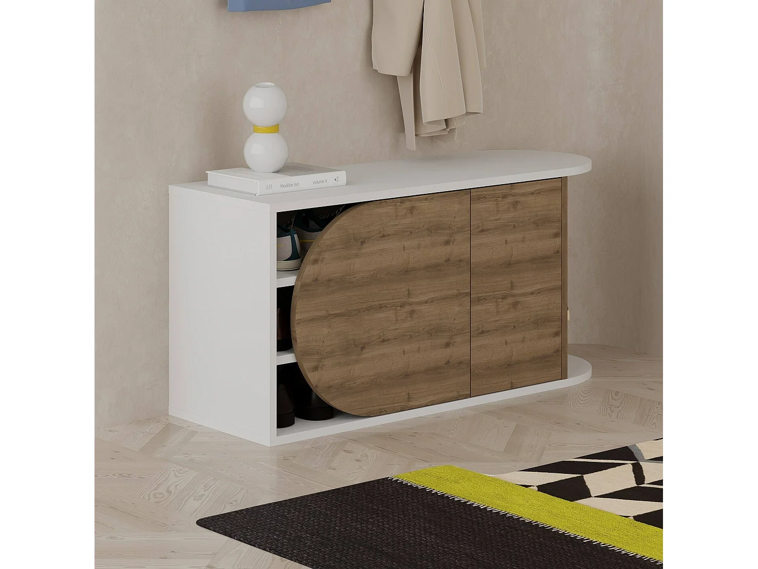 Meuble à chaussures Kyle, 2 étagères, 37x104x50h cm Blanc Noyer, Rangement chaussures