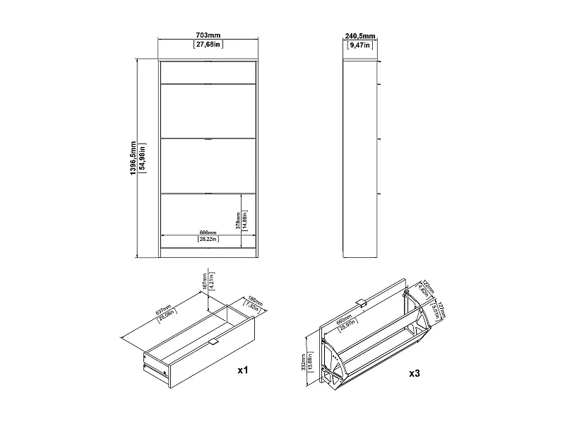 Meuble à Chaussures Mandukhai, un Tiroir, 24,05x70,3x139,65h cm Noir, Rangement Chaussures