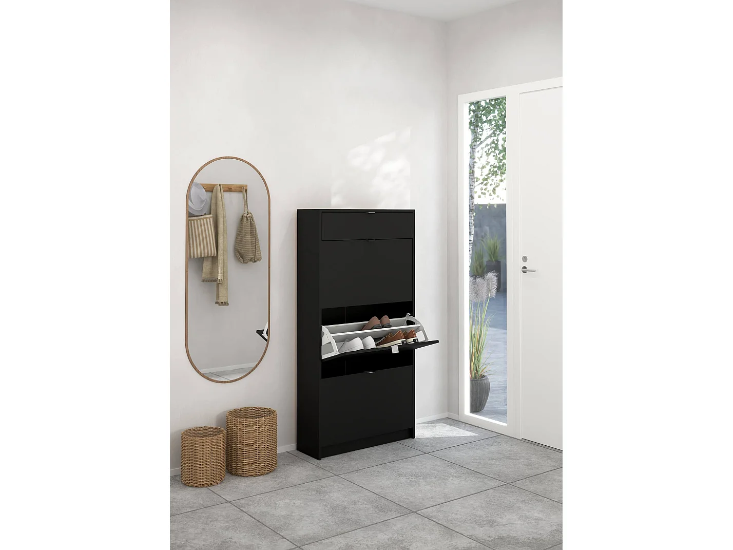 Meuble à Chaussures Mandukhai, un Tiroir, 24,05x70,3x139,65h cm Noir, Rangement Chaussures