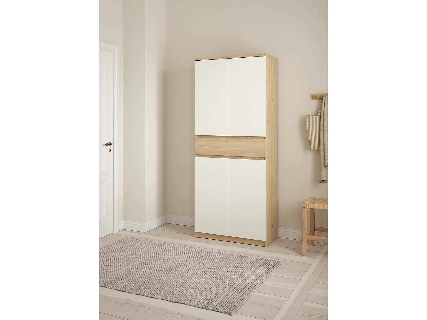 Dtrda schoenenrek, Schoenenkast, Multifunctionele entreekast, Schoenenkast, 80x40 h192 cm, Eiken en Wit