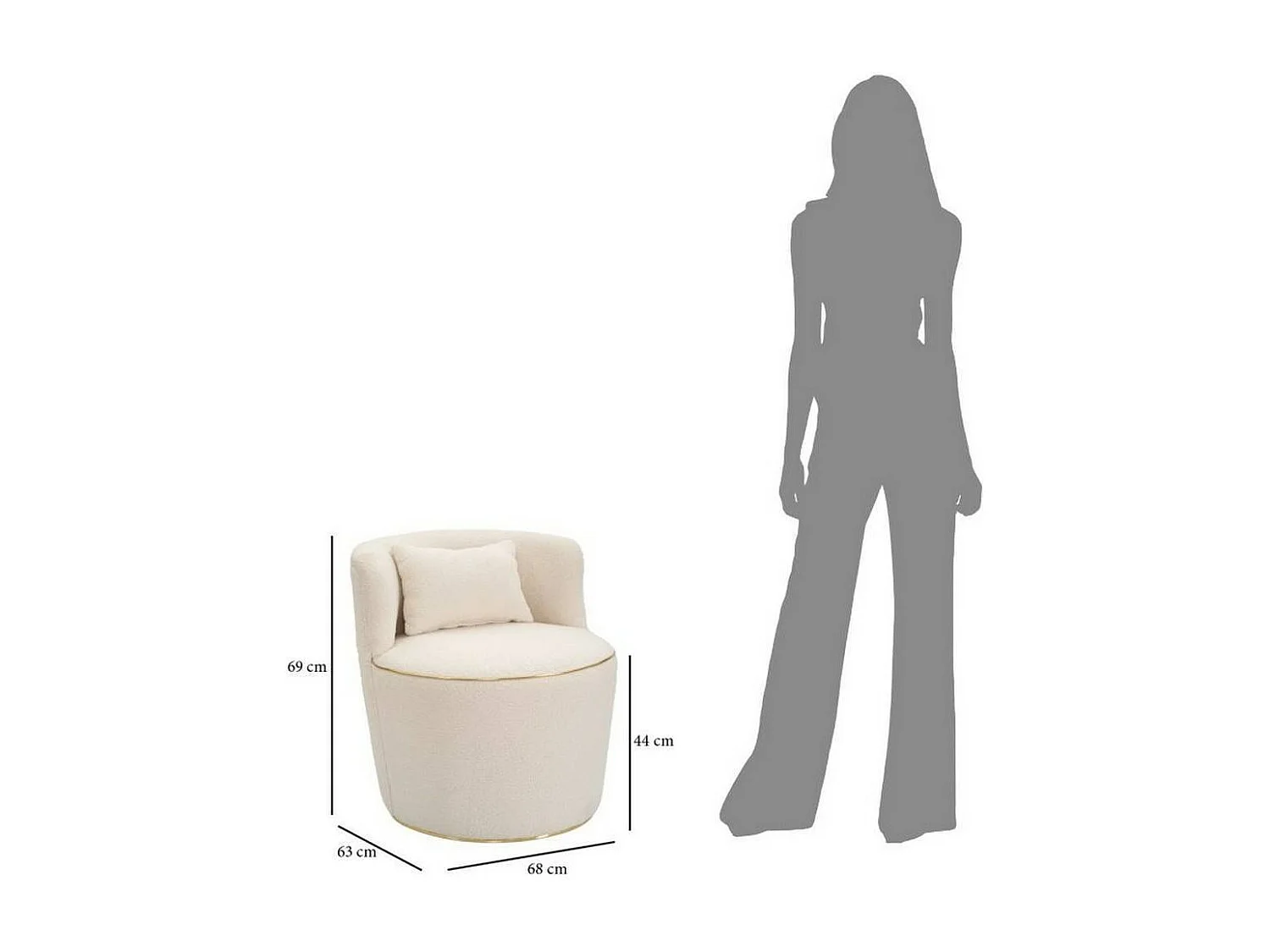 Poltrona Pratesi, Assento almofadado, Sofá individual de sala, Cadeira com braços, 63x68 h69 cm, Creme e Dourado