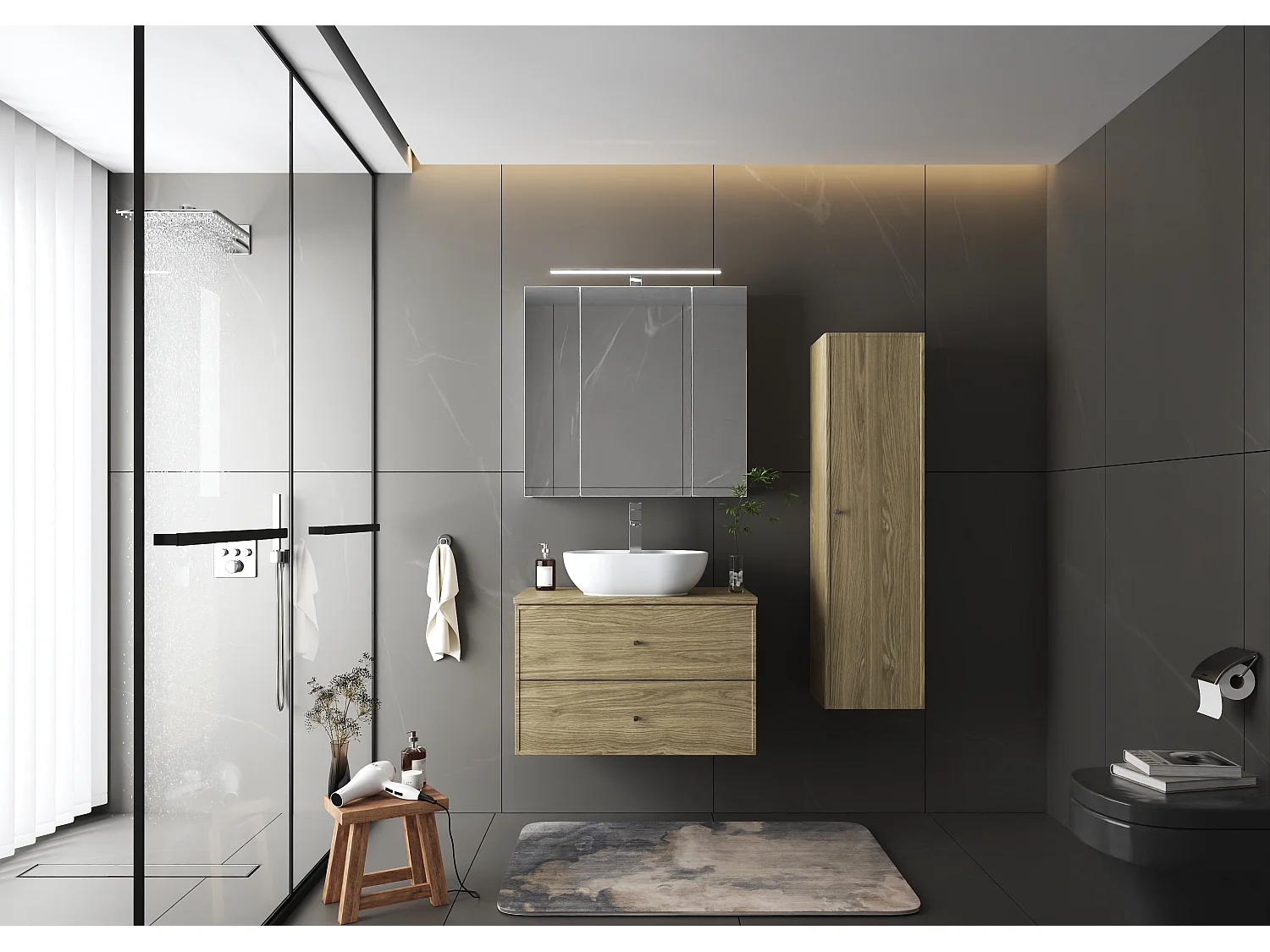 Ensemble pour salle de bain 80 cm Armoire avec plan de travail Lavabo Colonne Chêne huilé Marco
