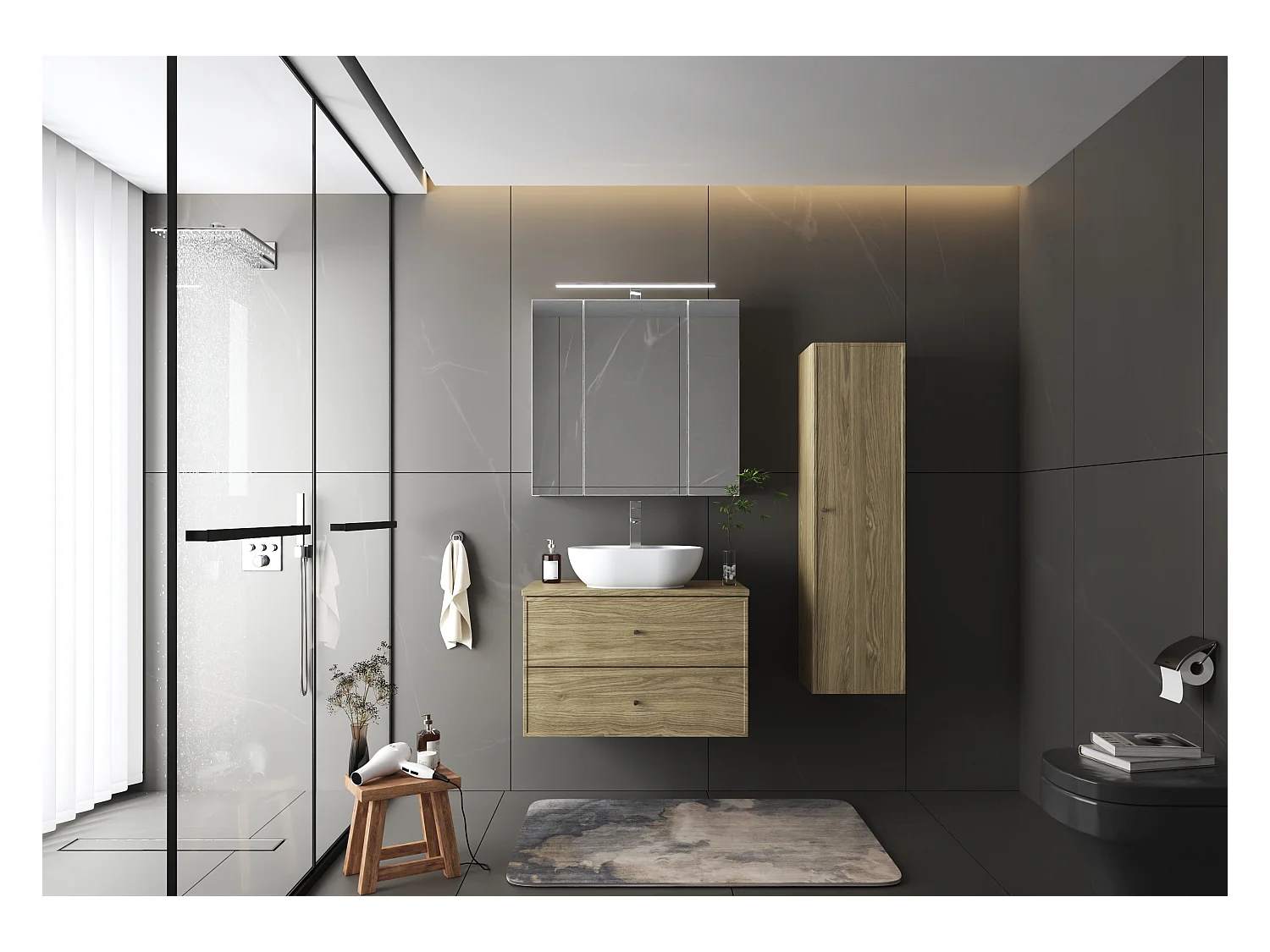 Ensemble pour salle de bain 80 cm Armoire avec plan de travail Lavabo Colonne Chêne huilé Marco