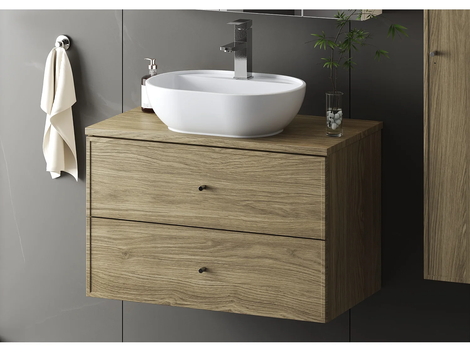 Ensemble pour salle de bain 80 cm Armoire avec plan de travail Lavabo Colonne Chêne huilé Marco