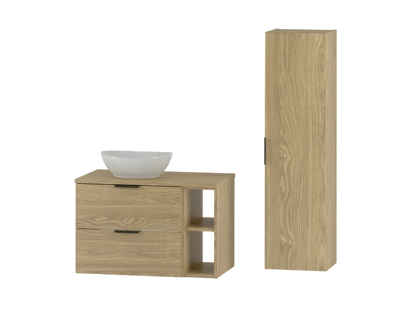 Ensemble pour salle de bain 80 cm Armoire Étagère Plan de travail Lavabo Colonne Chêne huilé Pile