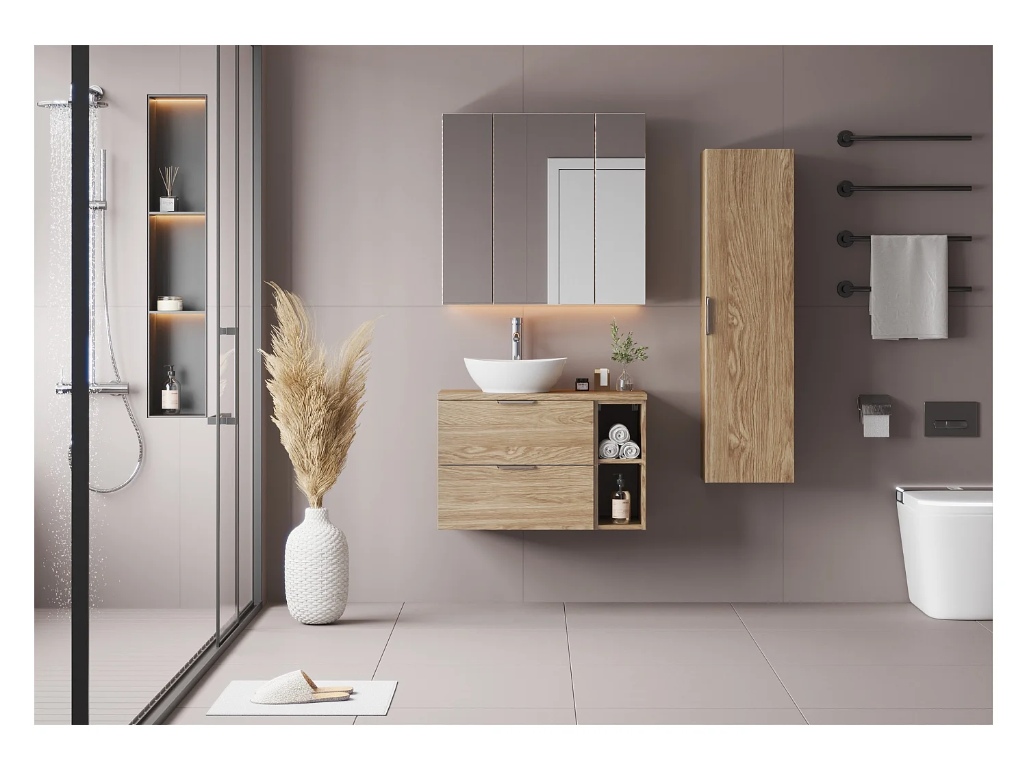 Ensemble pour salle de bain 80 cm Armoire Étagère Plan de travail Lavabo Colonne Chêne huilé Pile