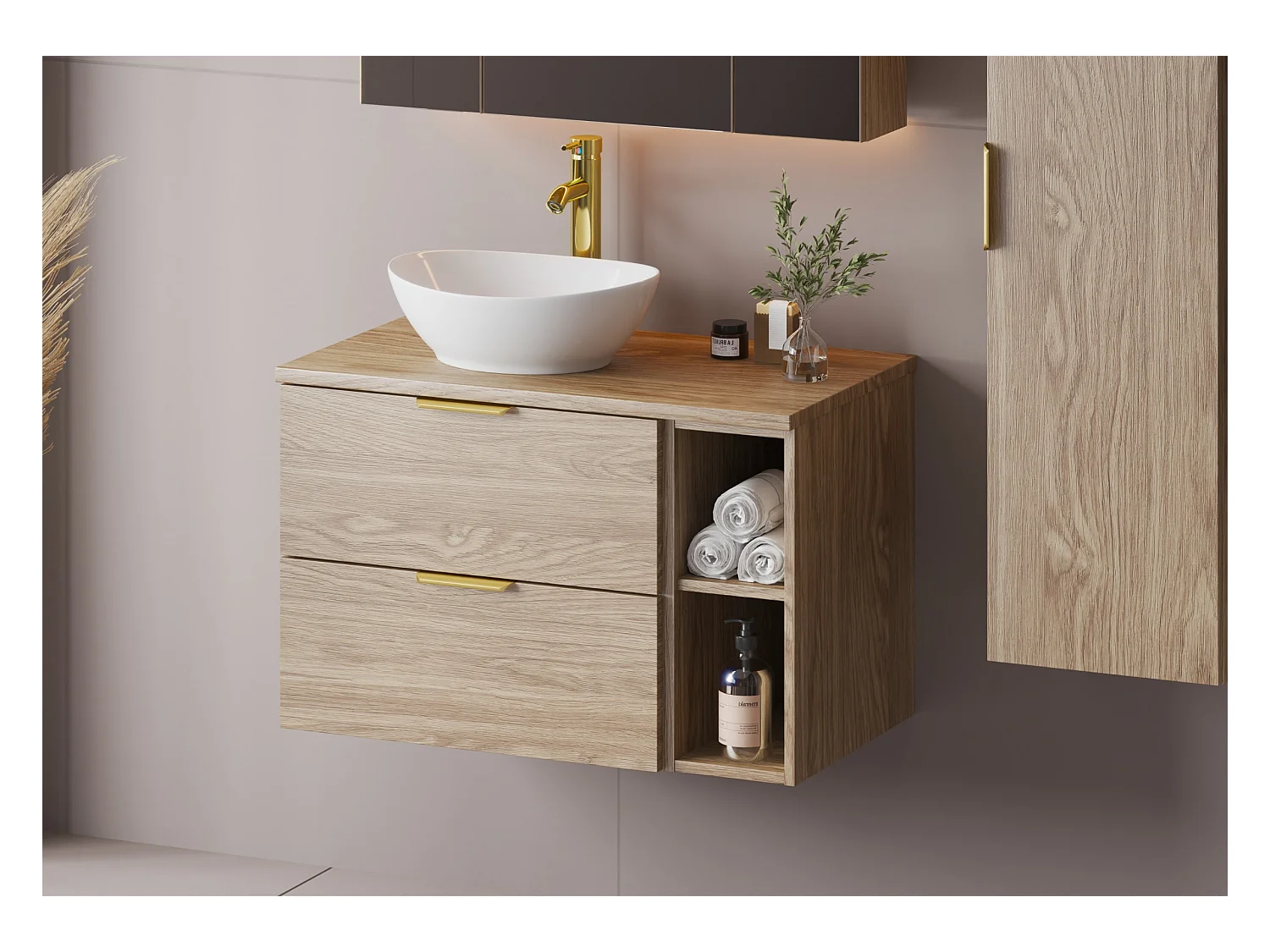 Ensemble pour salle de bain 80 cm Armoire Étagère Plan de travail Lavabo Colonne Chêne huilé Pile