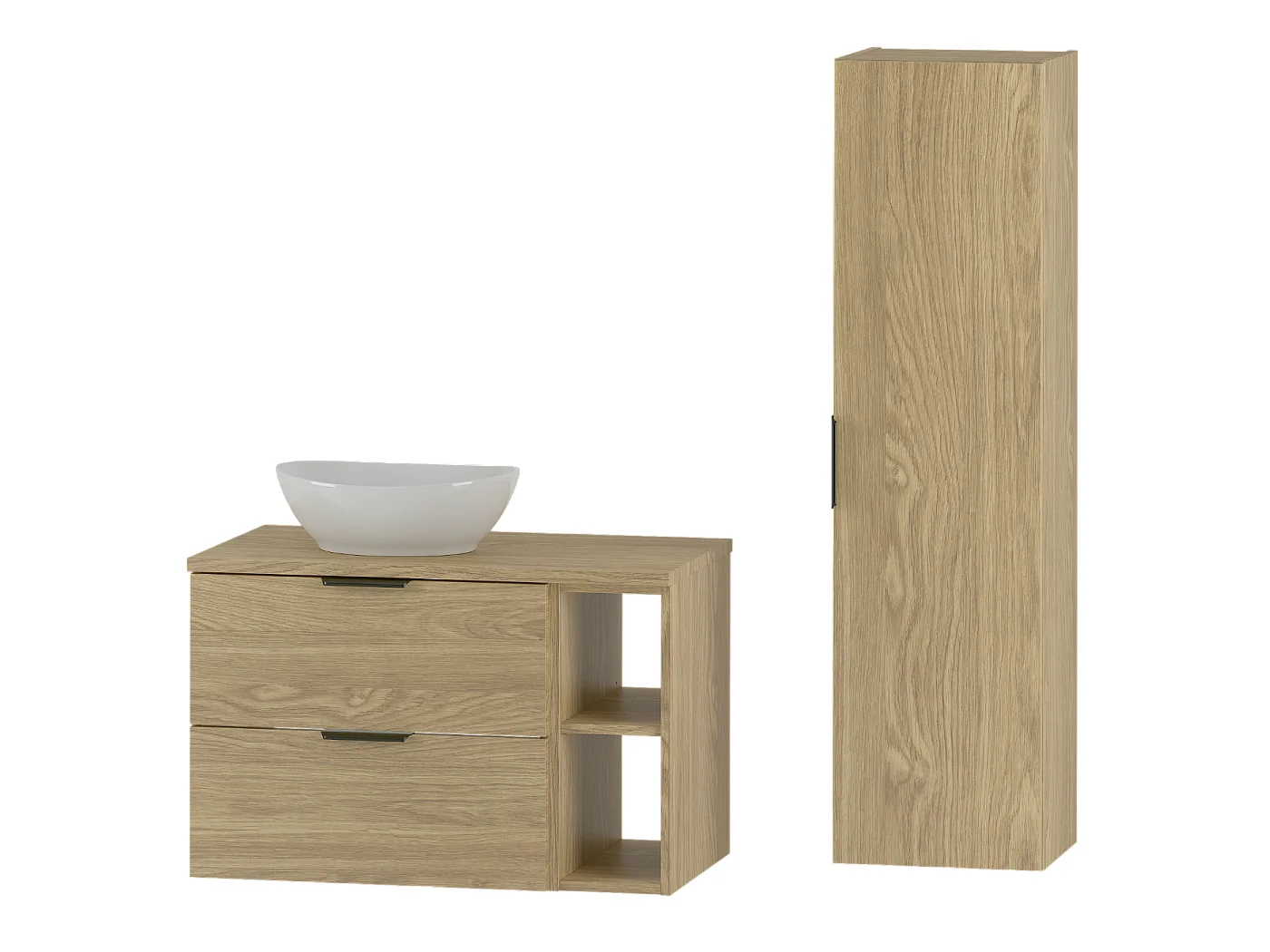 Ensemble pour salle de bain 80 cm Armoire Étagère Plan de travail Lavabo Colonne Chêne huilé Pile