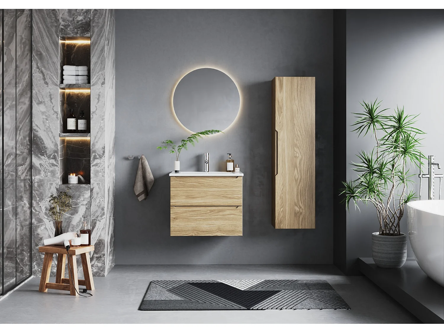 Badezimmer-Set 60 cm Schrank mit Waschbecken und Hochschrank Eiche geölt Etna