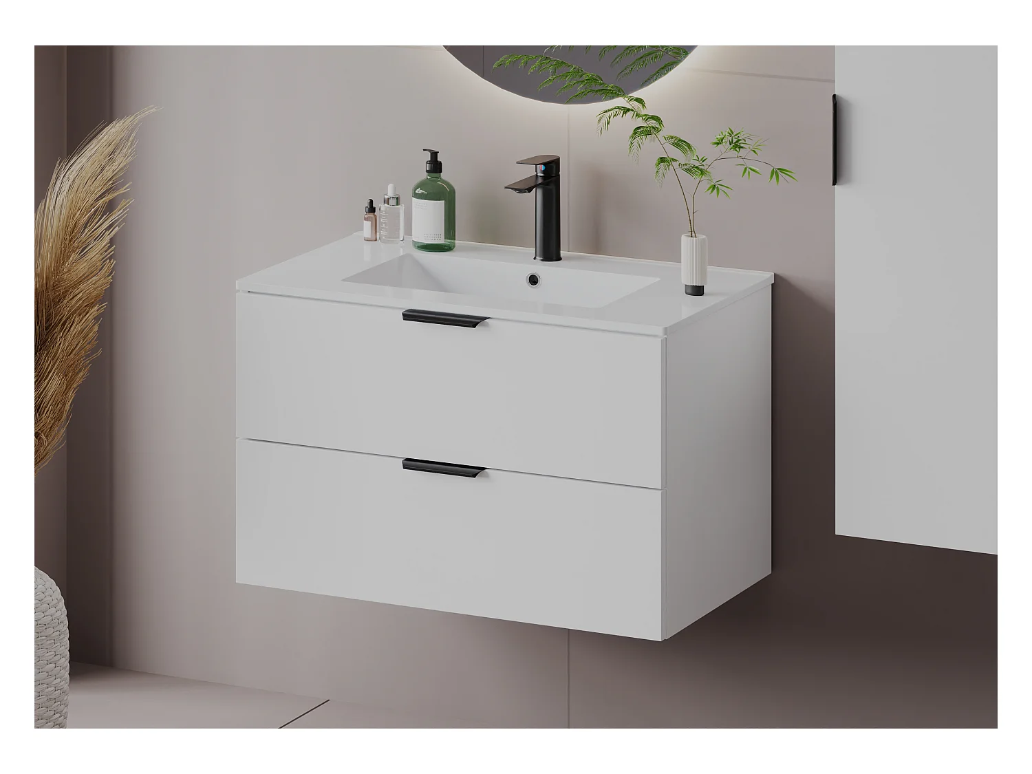 Witte badkamerset 80 cm Kast met wastafel Kolom Pile