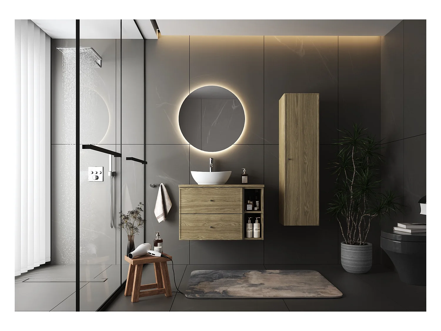 Ensemble pour salle de bain 80 cm Armoire Étagère Plan de travail Lavabo Colonne Chêne huilé Marco