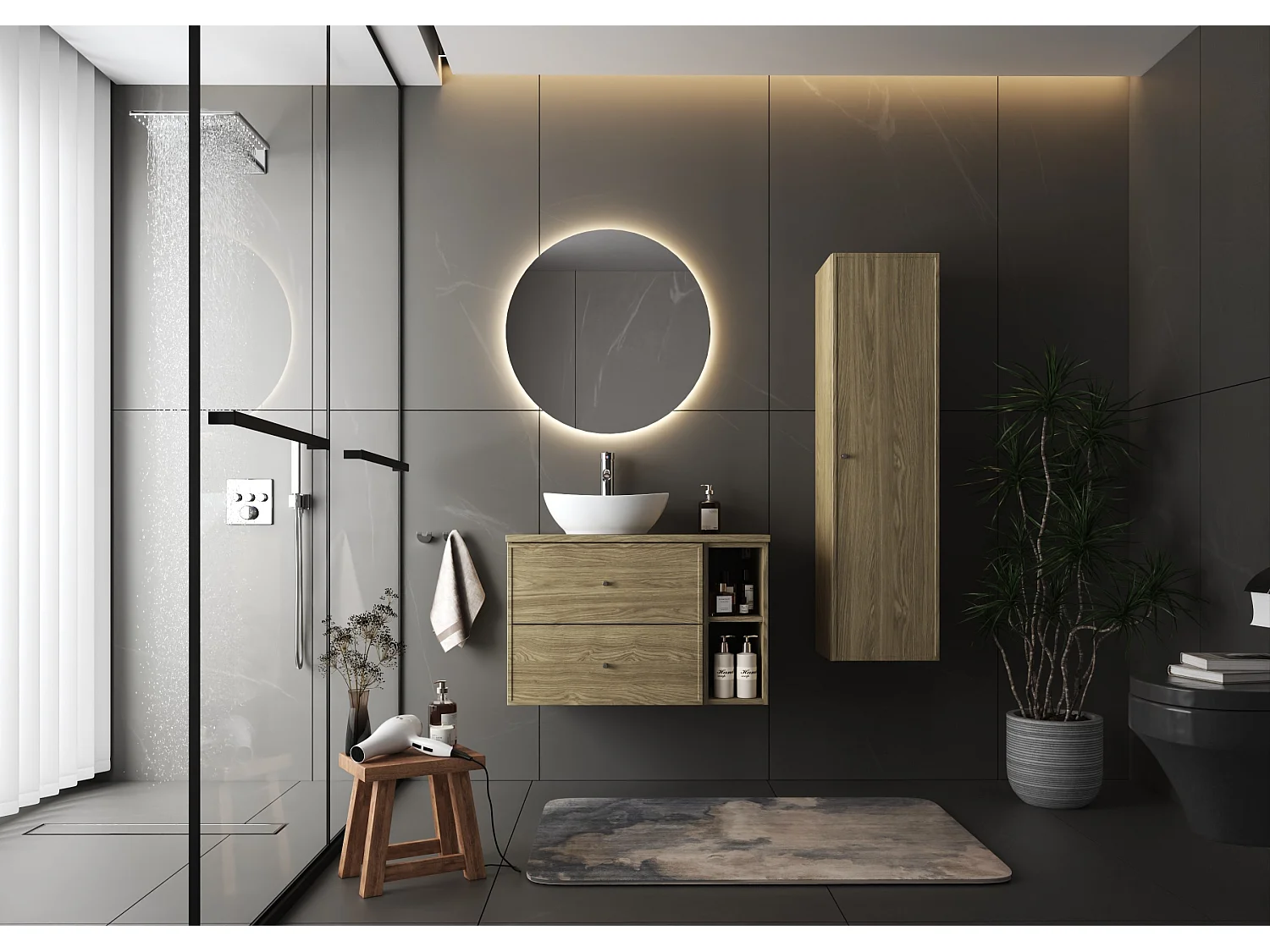 Ensemble pour salle de bain 80 cm Armoire Étagère Plan de travail Lavabo Colonne Chêne huilé Marco