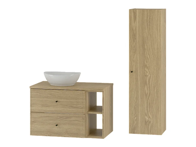 Badezimmer-Set 80 cm Schrank mit Arbeitsplatte Waschbecken und Regal und Hochschrank Eiche geölt Marco