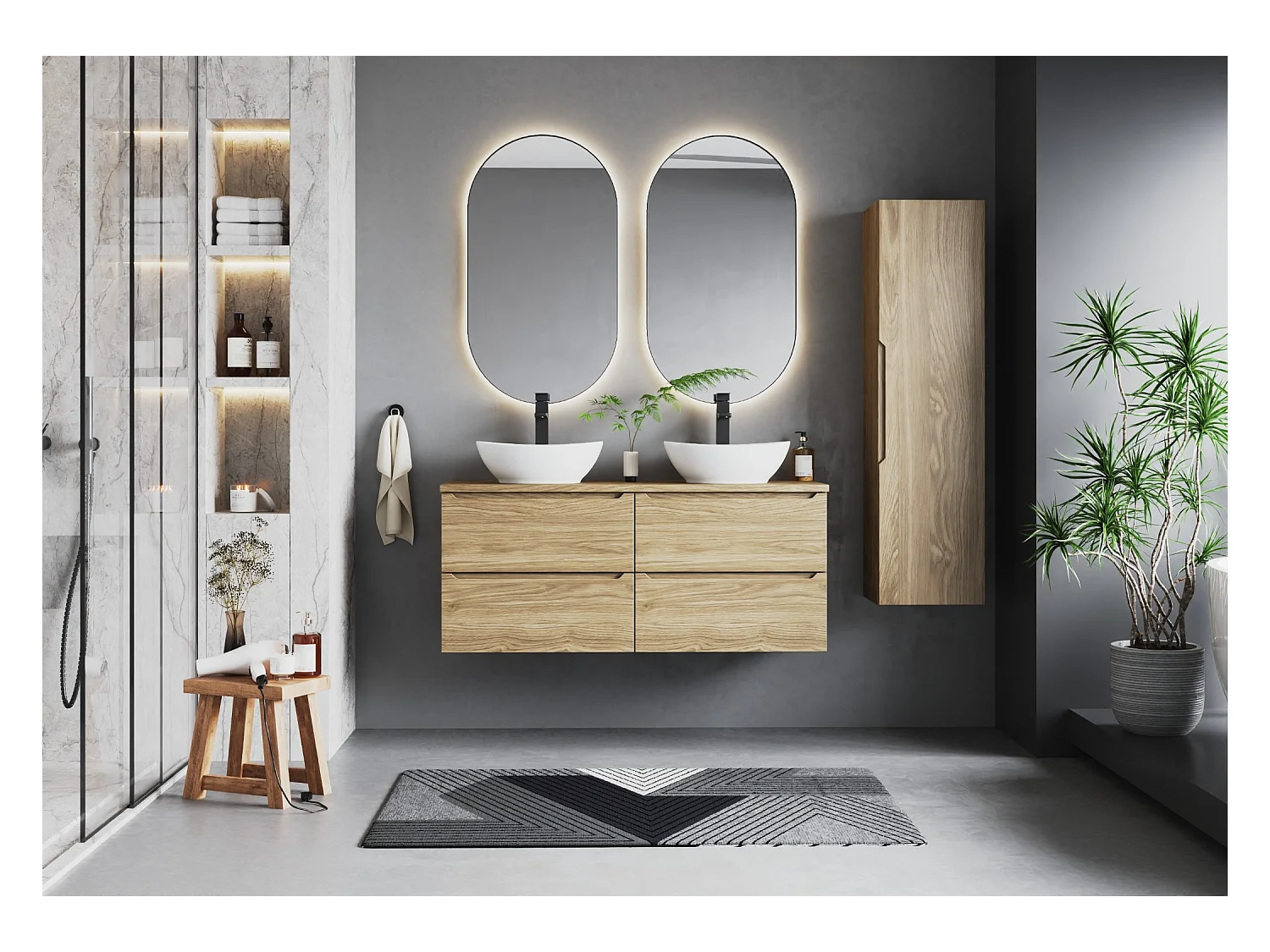 Ensemble pour salle de bain 120 cm Armoire Plan de travail Lavabo Colonne Colonne Chêne huilé Etna