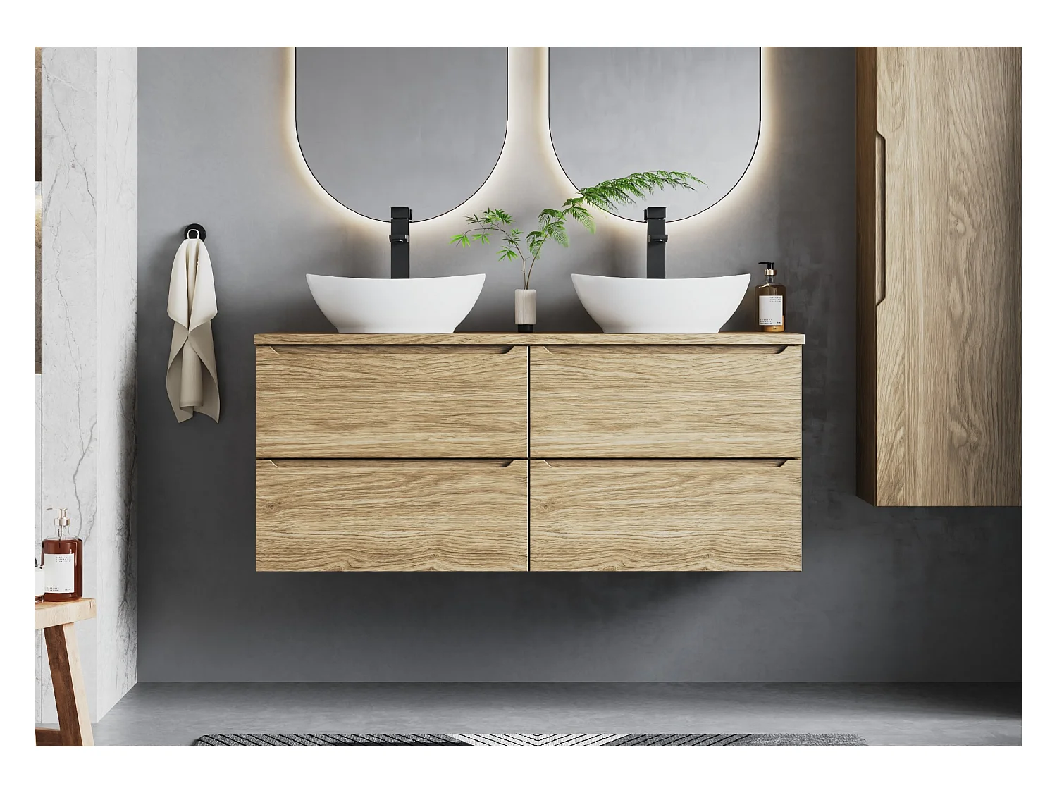 Ensemble pour salle de bain 120 cm Armoire Plan de travail Lavabo Colonne Colonne Chêne huilé Etna