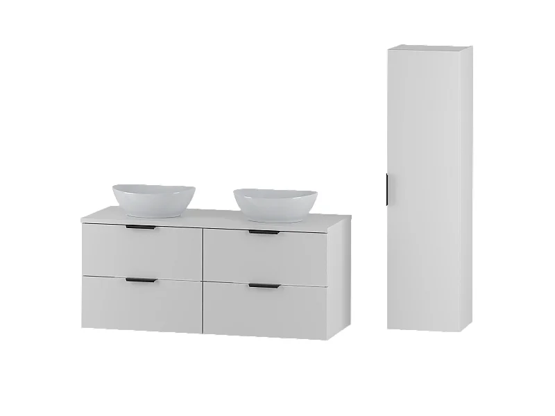 Weißes Badezimmer-Set 120 cm Schrank mit Arbeitsplatte und Washbecken und Hochschrank Pile