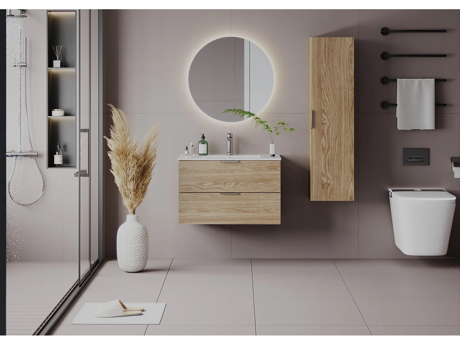 Ensemble pour salle de bain 80 cm Meuble avec lavabo Colonne Chêne huilé Pile