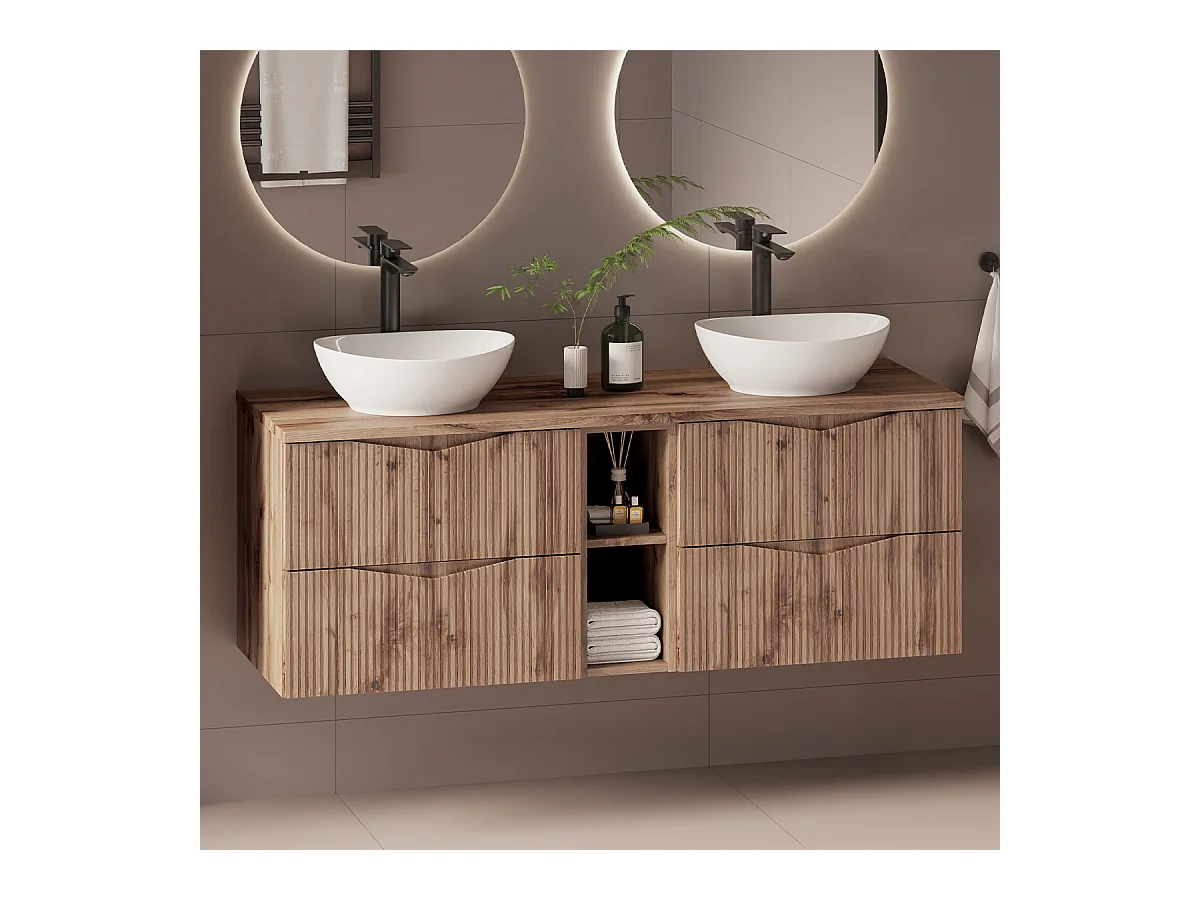 Meuble double vasque 140cm 2 niches Tao Bois