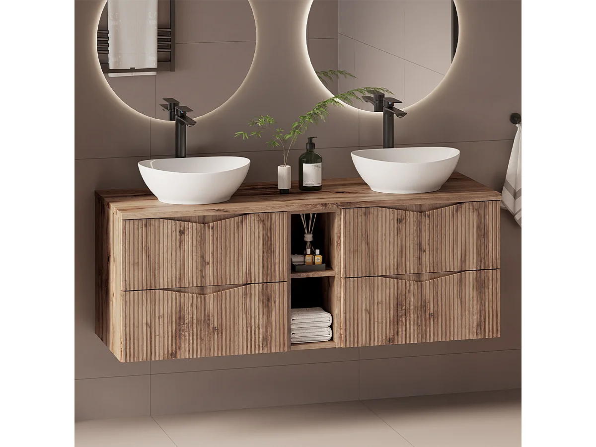 Double basin unit 140cm 2 niches Tao Wood