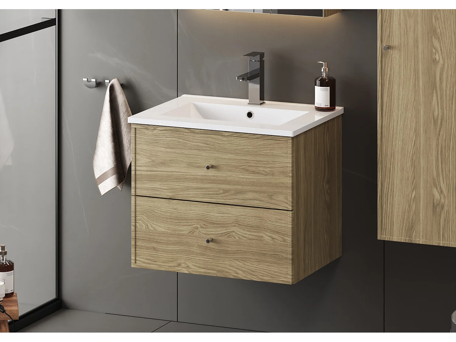 Ensemble pour salle de bain 60 cm Meuble avec lavabo Colonne Chêne huilé Marco
