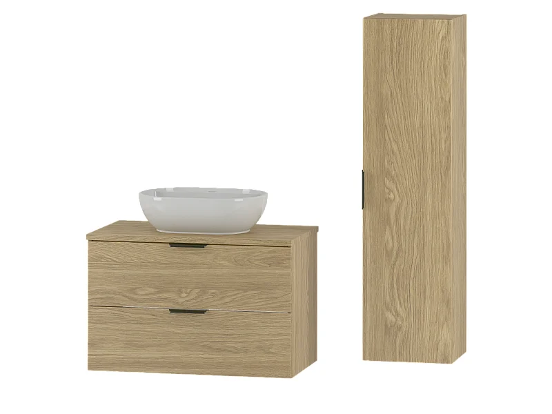 Ensemble pour salle de bain 80 cm Armoire avec plan de travail Lavabo Colonne Chêne huilé Pile