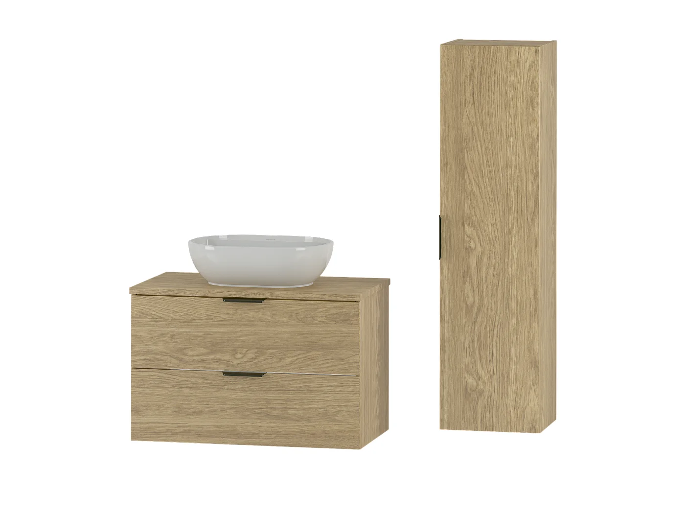 Ensemble pour salle de bain 80 cm Armoire avec plan de travail Lavabo Colonne Chêne huilé Pile