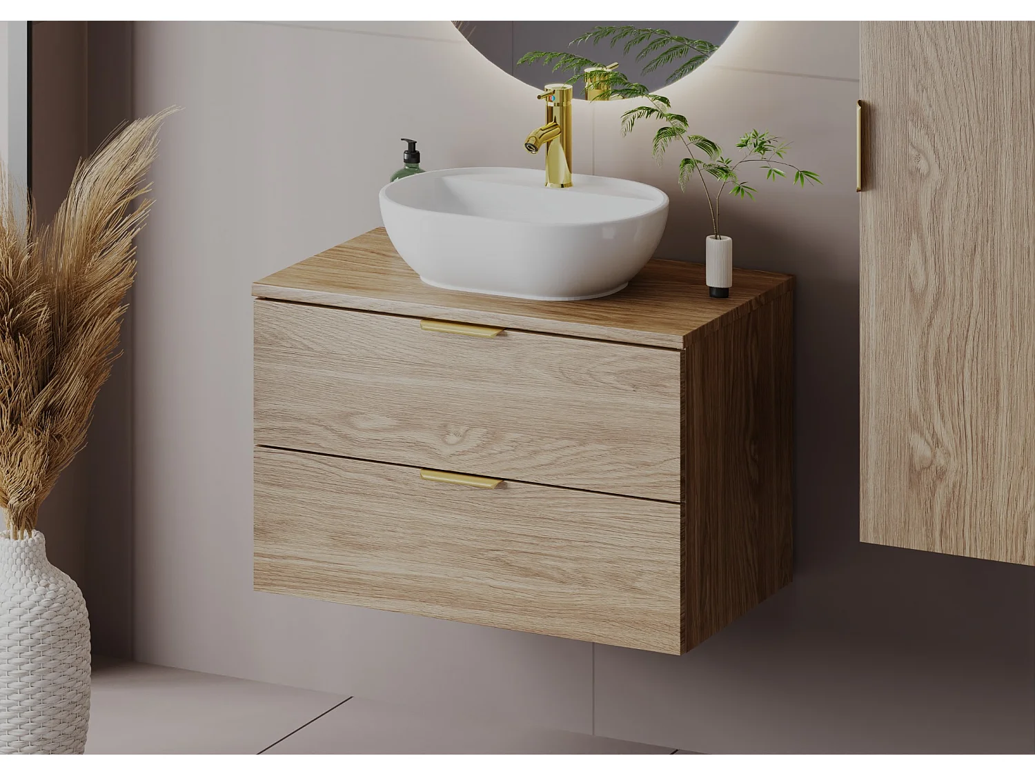 Ensemble pour salle de bain 80 cm Armoire avec plan de travail Lavabo Colonne Chêne huilé Pile