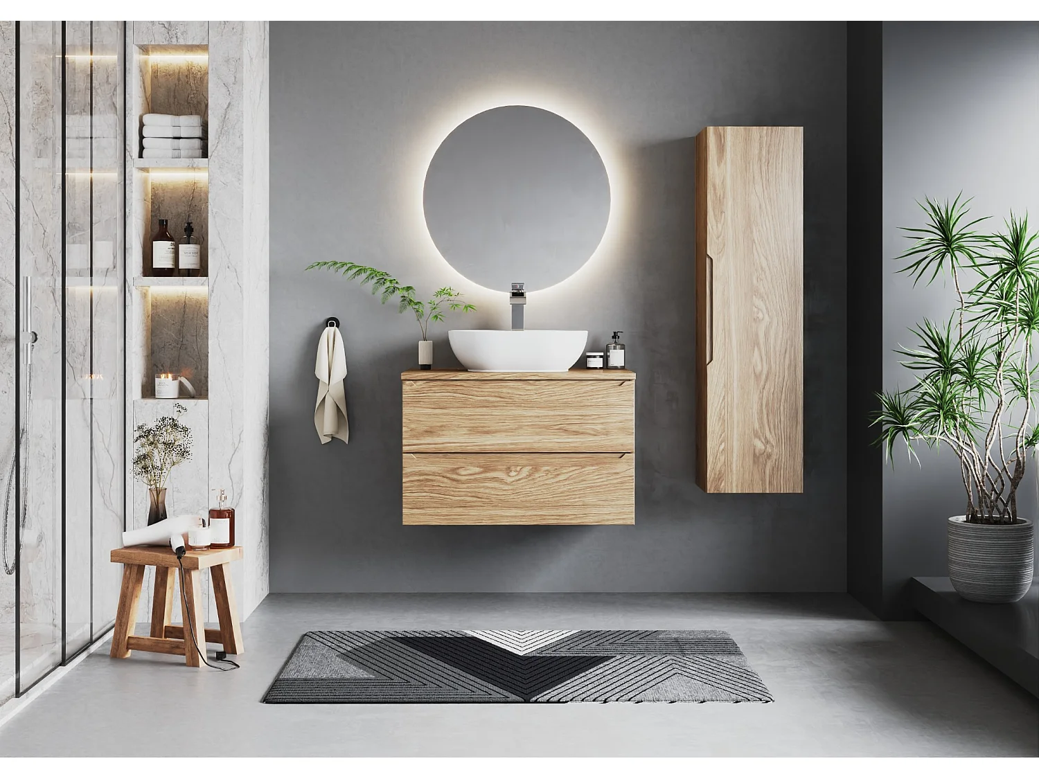 Ensemble pour salle de bain 80 cm Armoire avec plan de travail Lavabo Colonne Chêne huilé Etna