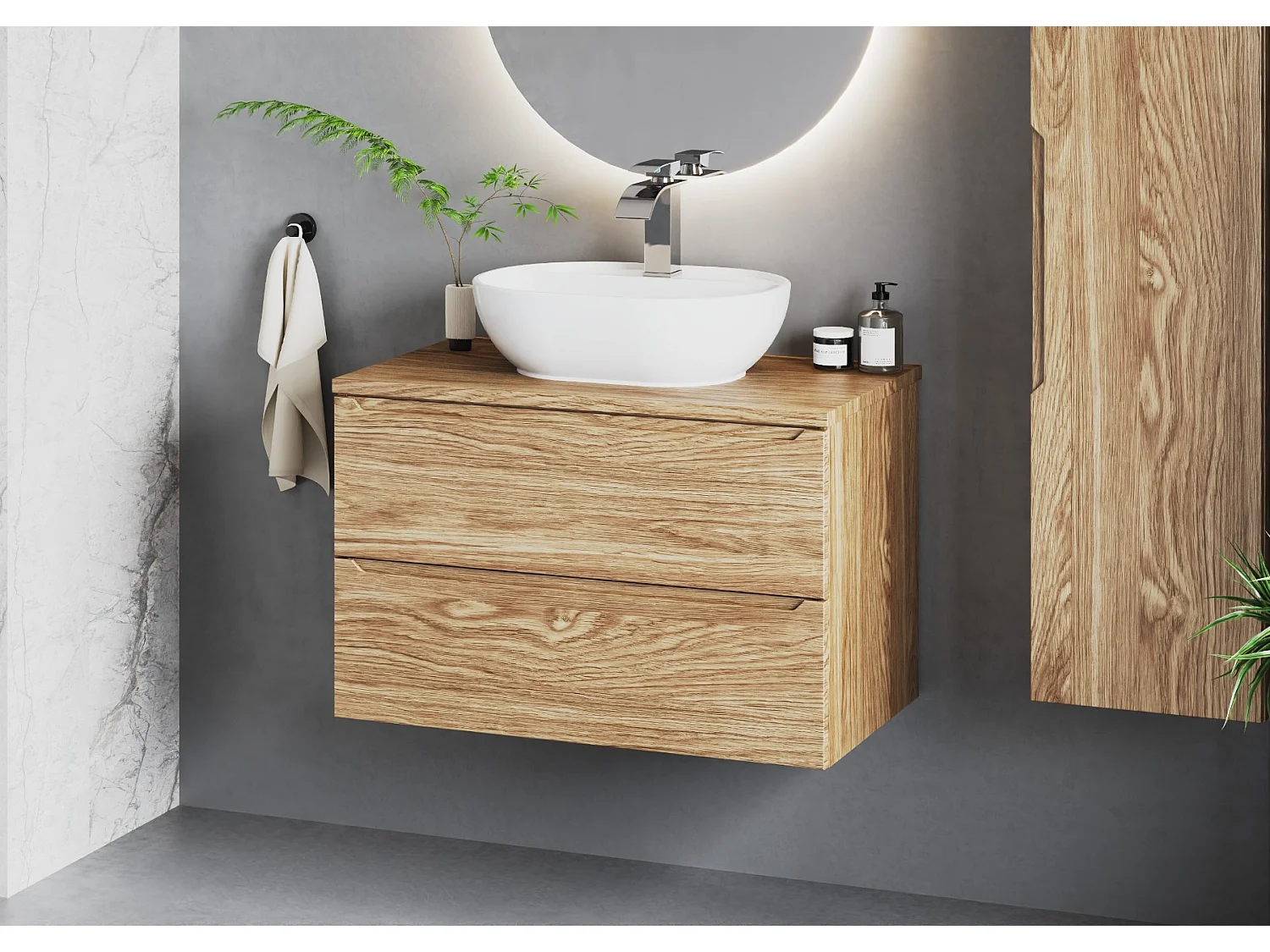 Ensemble pour salle de bain 80 cm Armoire avec plan de travail Lavabo Colonne Chêne huilé Etna