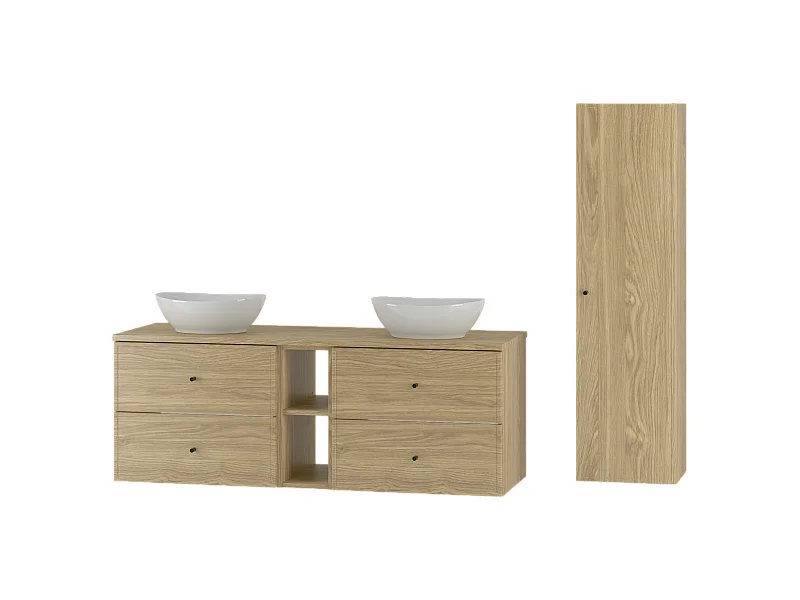 Badezimmer-Set 140 cm Schrank und Regal mit Arbeitsplatte und Waschbecken und Hochschrank Eiche geölt Marco