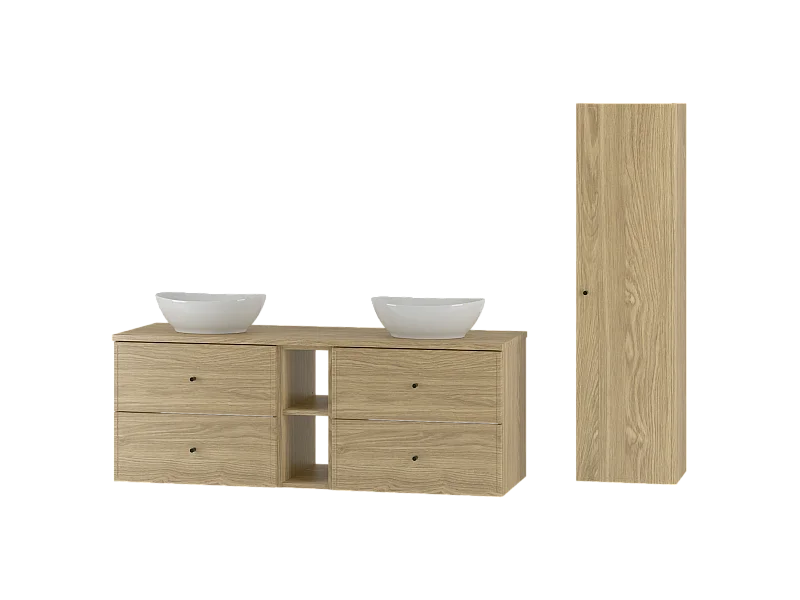 Ensemble pour salle de bain 140 cm Armoire Étagère Plan de travail Lavabo Colonne Colonne Chêne huilé Marco