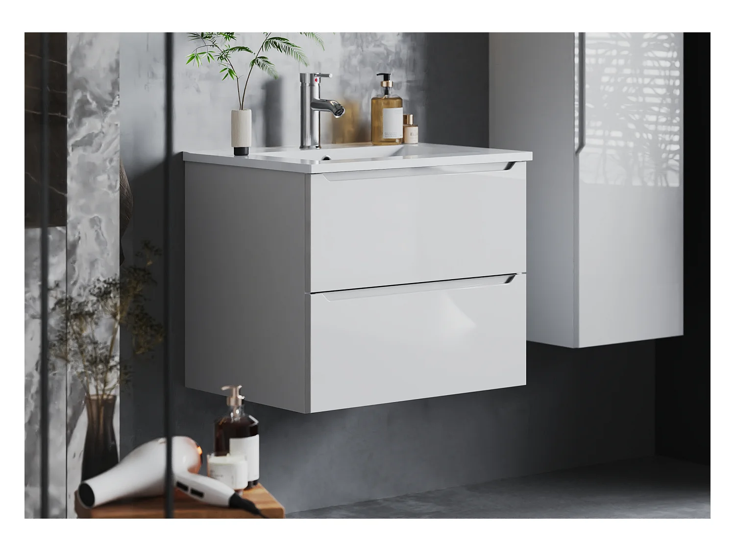 Ensemble de salle de bain blanc 60 cm Meuble avec lavabo Colonne Etna