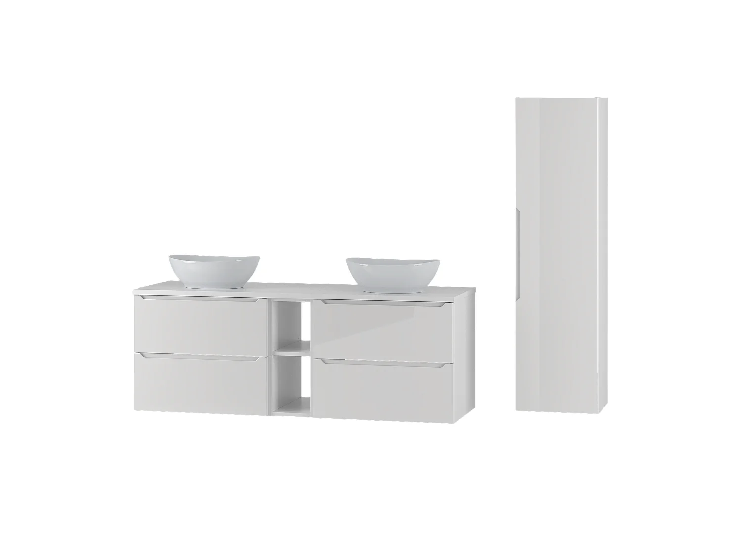 Weißes Badezimmer-Set 140 cm Schrank und Regal mit Arbeitsplatte und Waschbecken und Hochschrank Etna
