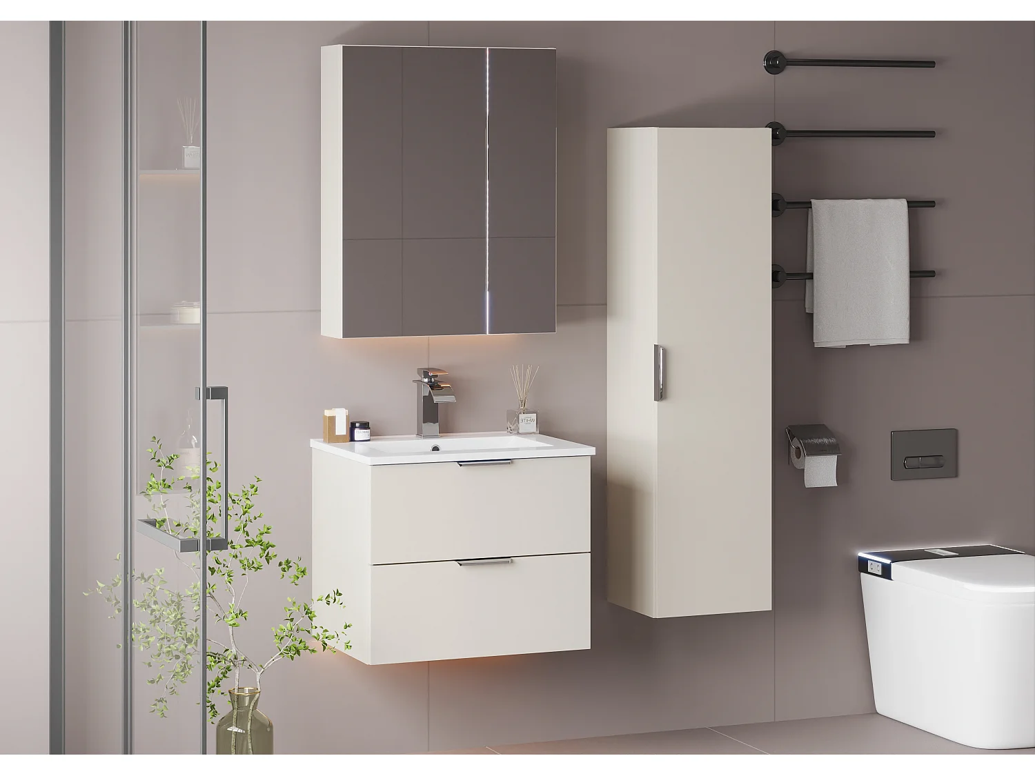 Ensemble de salle de bain en cachemire 60 cm Meuble avec lavabo Colonne Pile