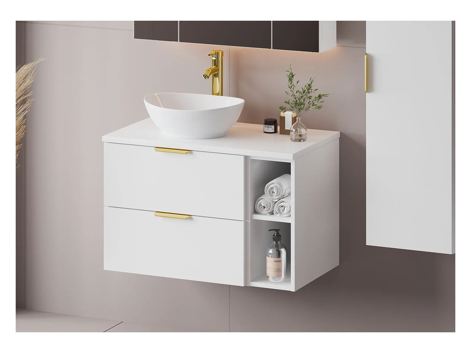 Ensemble de salle de bain blanc 80 cm Armoire Étagère Plan de travail Lavabo Colonne Pile