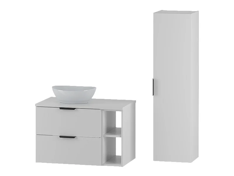 Weißes Badezimmer-Set 80 cm Schrank mit Arbeitsplatte Waschbecken und Regal und Hochschrank Pile
