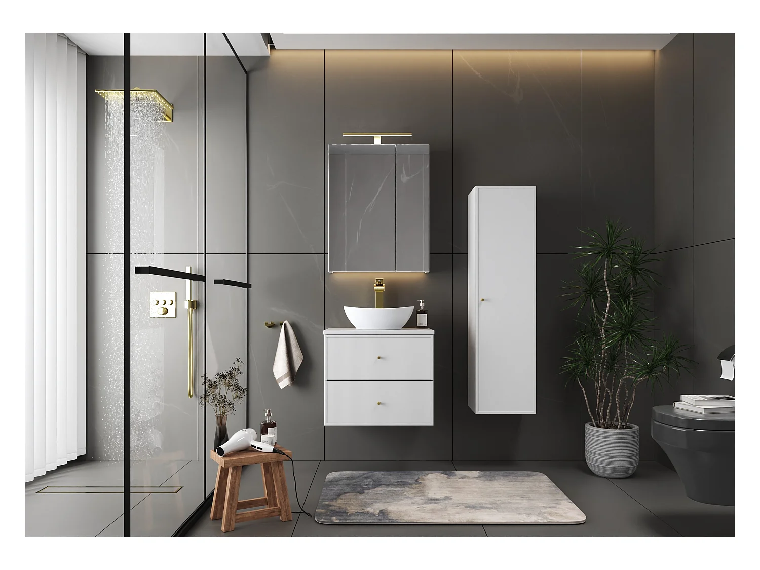 Ensemble blanc pour salle de bain 60 cm Armoire avec plan de travail Lavabo Colonne Marco