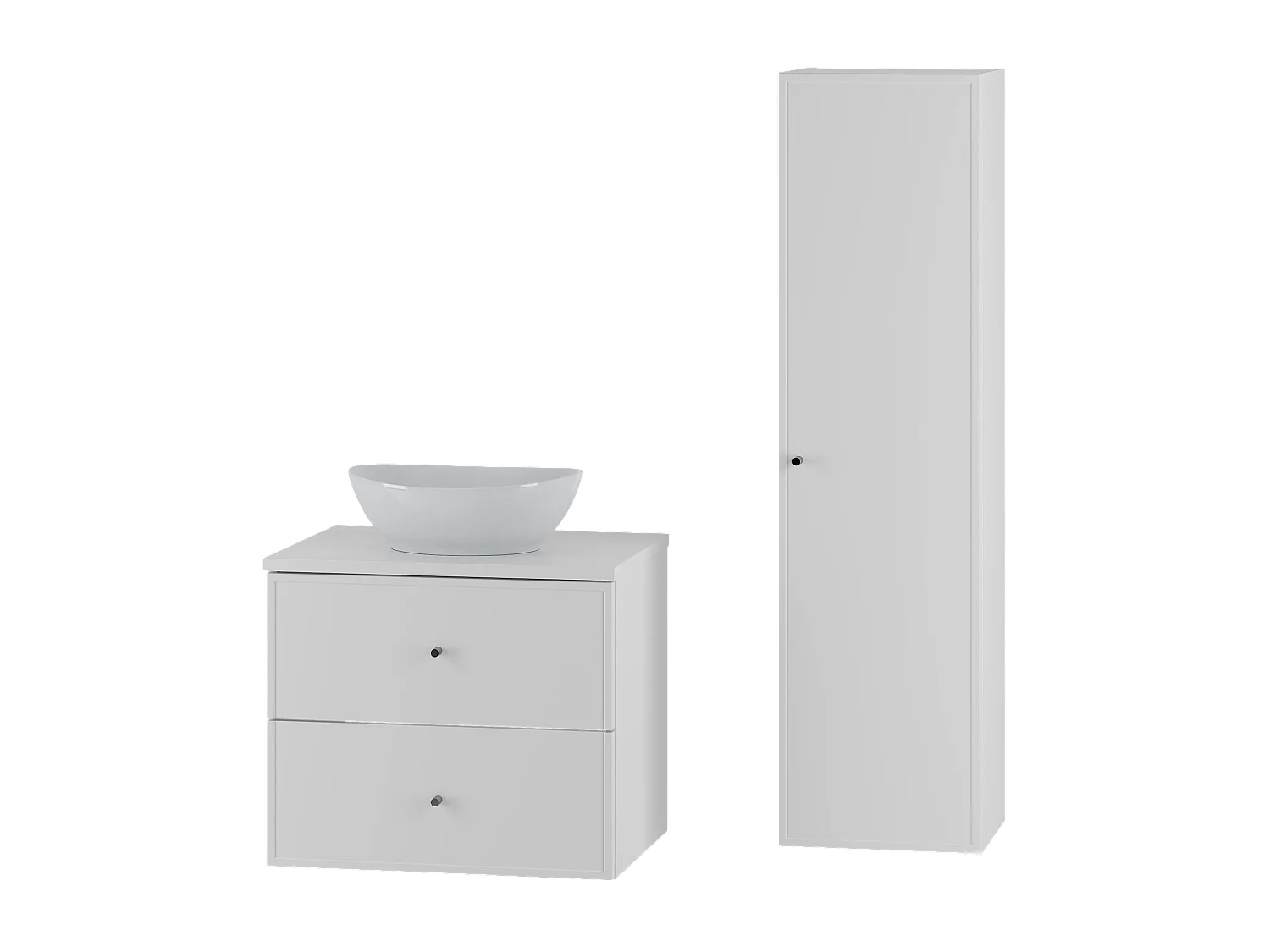 Weißes Badezimmer-Set 60 cm Schrank mit Arbeitsplatte und Waschbecken und Hochschrank Marco