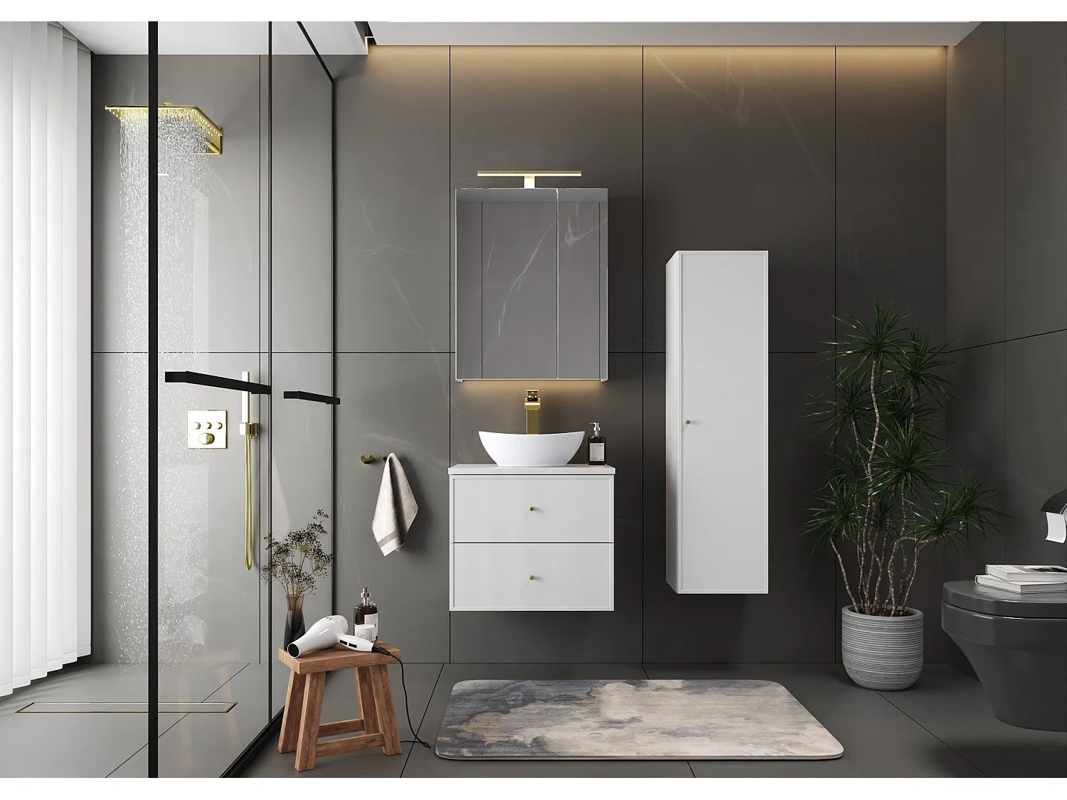 Ensemble blanc pour salle de bain 60 cm Armoire avec plan de travail Lavabo Colonne Marco