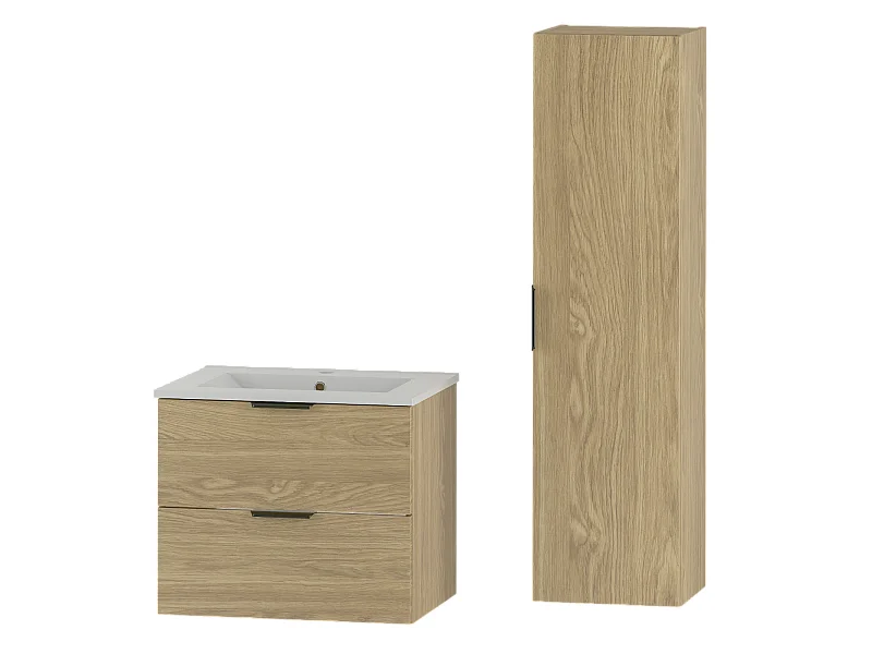 Ensemble pour salle de bain 60 cm Meuble avec lavabo Colonne Chêne huilé Pile