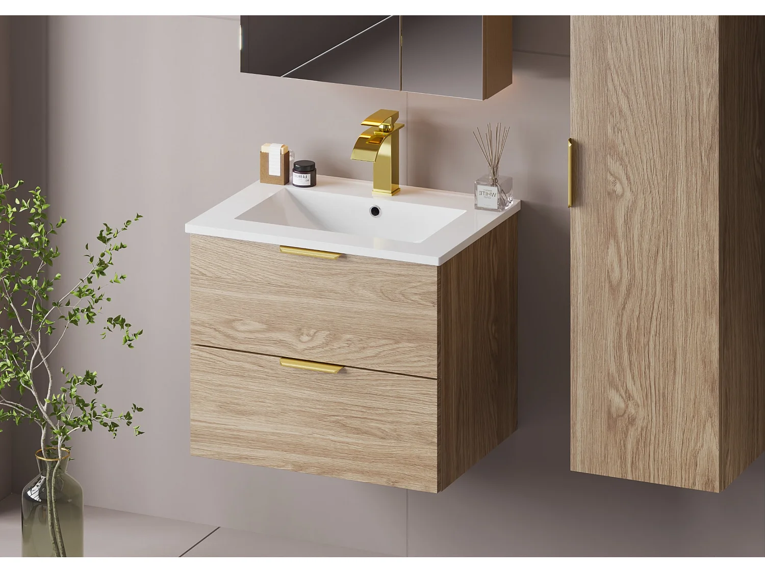 Ensemble pour salle de bain 60 cm Meuble avec lavabo Colonne Chêne huilé Pile