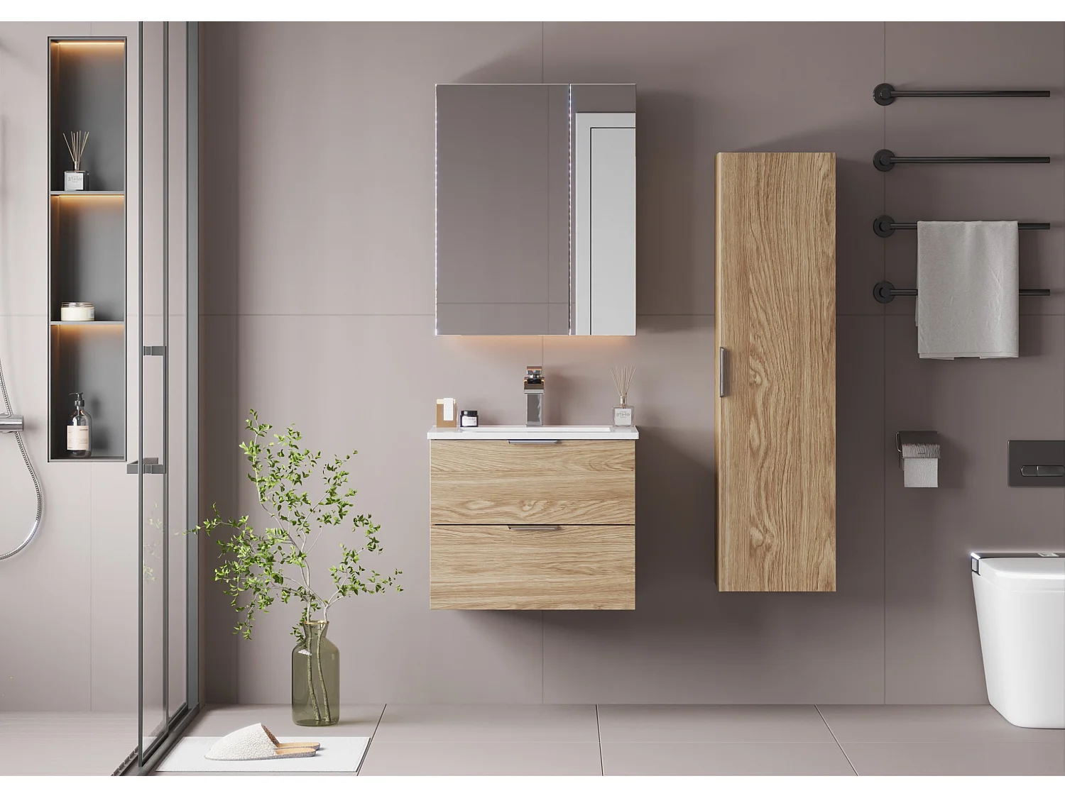 Ensemble pour salle de bain 60 cm Meuble avec lavabo Colonne Chêne huilé Pile