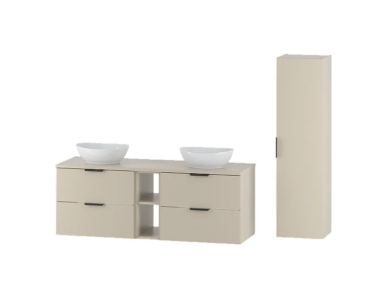 Kaschmir-Badezimmer-Set 140 cm Schrank und Regal mit Arbeitsplatte und Waschbecken und Hochschrank Pile