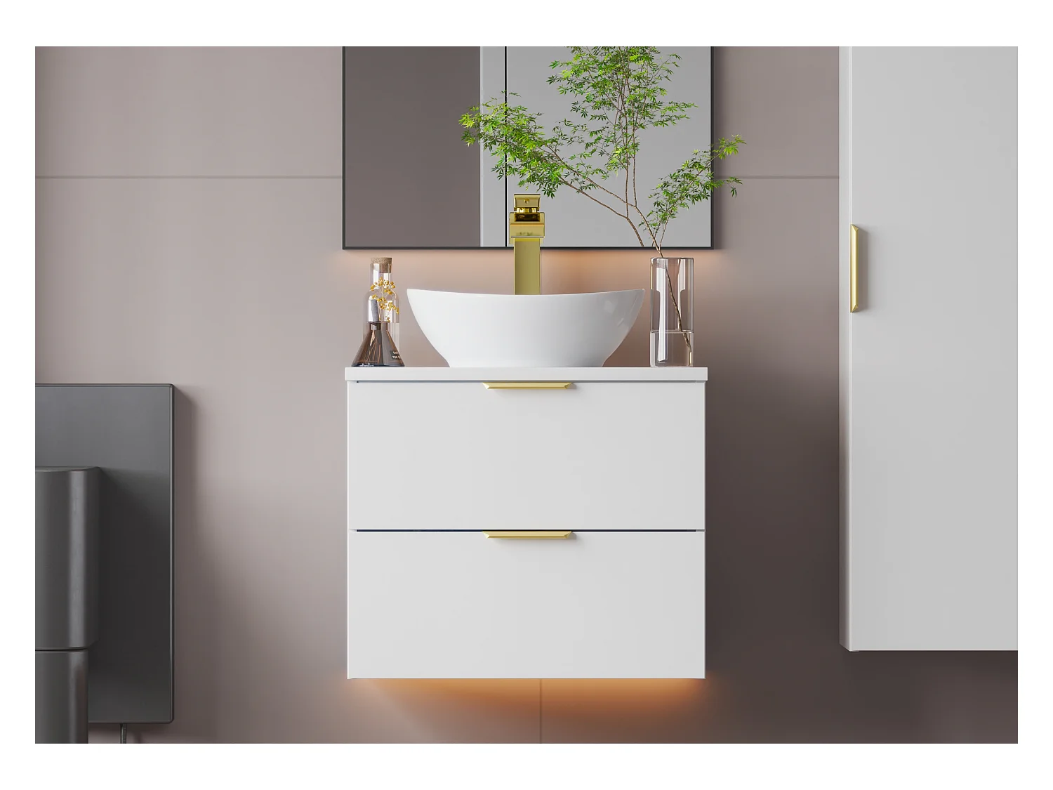 Ensemble blanc pour salle de bain 60 cm Armoire avec plan de travail Lavabo Colonne Pile