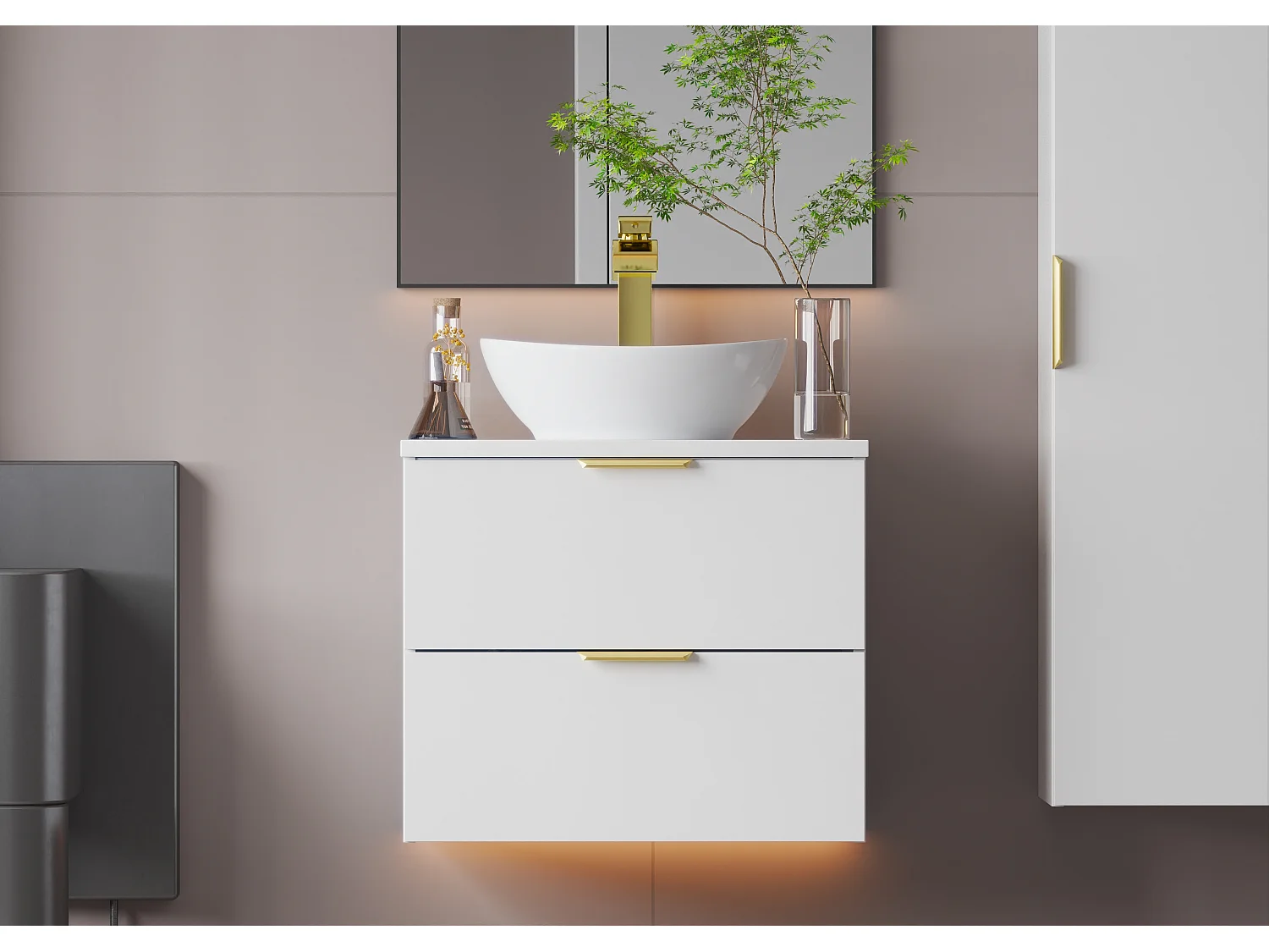 Ensemble blanc pour salle de bain 60 cm Armoire avec plan de travail Lavabo Colonne Pile