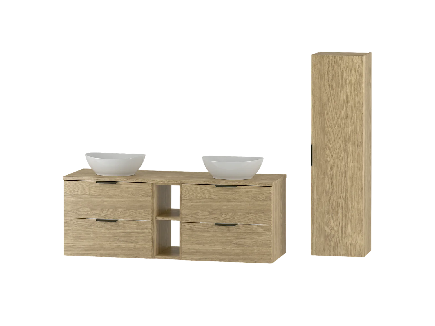 Ensemble pour salle de bain 140 cm Armoire Étagère Plan de travail Lavabo Colonne Colonne Chêne huilé Pile