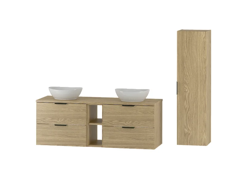 Ensemble pour salle de bain 140 cm Armoire Étagère Plan de travail Lavabo Colonne Colonne Chêne huilé Pile