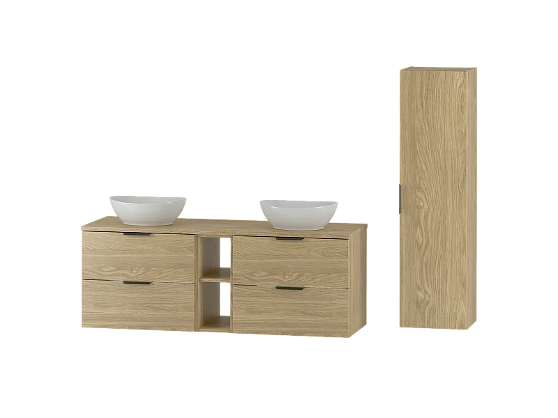 Ensemble pour salle de bain 140 cm Armoire Étagère Plan de travail Lavabo Colonne Colonne Chêne huilé Pile